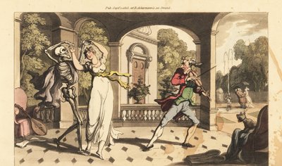 El esqueleto de la Muerte baila un último vals con la frágil Caelia, mientras su tutor de baile mira horrorizado de Thomas Rowlandson