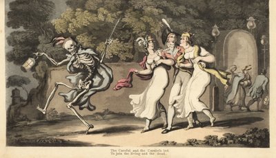El esqueleto de la Muerte con capa y gorra baila con una linterna ante un dandi en uniforme y dos bellezas con vestidos de muselina y chales. The Careless and Careful. Grabado en cobre coloreado a mano dibujado y grabado por Thomas Rowlandson de The Englis de Thomas Rowlandson
