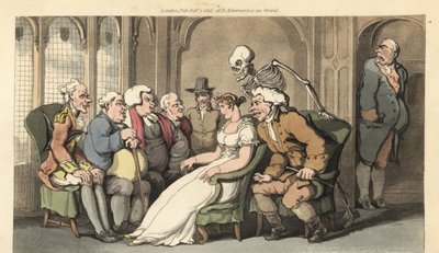 La muerte se une a un grupo de pretendientes para la bella heredera Belinda, y derrota al abogado, doctor, párroco, cuáquero, coronel y baronet por el premio. Grabado en cobre coloreado a mano dibujado y grabado por Thomas Rowlandson de The English Dance o de Thomas Rowlandson