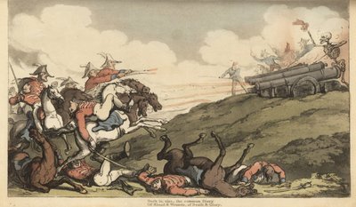 El esqueleto de la Muerte lanza una andanada de fuego de cañón a una carga de caballería inglesa. Grabado en cobre coloreado a mano dibujado y grabado por Thomas Rowlandson de The English Dance of Death, Ackermann, Londres de Thomas Rowlandson