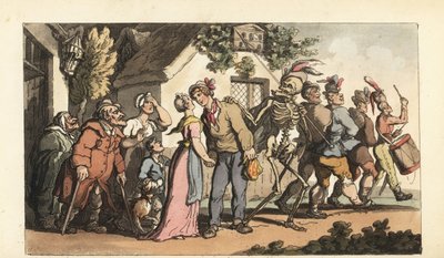 El esqueleto de la Muerte lleva a un joven recluta a unirse al ejército, dejando atrás a su chica y familia. Grabado en cobre coloreado a mano por Thomas Rowlandson de The English Dance of Death, Ackermann, Londres de Thomas Rowlandson