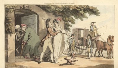 El esqueleto de la Muerte lleva a un anciano a un mausoleo, dejando a su joven viuda libre para volver a casarse. Grabado en cobre coloreado a mano dibujado y grabado por Thomas Rowlandson de The English Dance of Death, Ackermann, Londres de Thomas Rowlandson