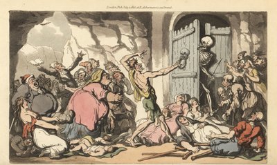 La muerte mira desde detrás de la puerta de la muerte, para ver a la multitud de obesos, cojos, lisiados, ancianos y locos esperando ser liberados de los tormentos de la vida. Grabado en cobre coloreado a mano dibujado y grabado por Thomas Rowlandson de Th de Thomas Rowlandson