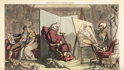 El esqueleto de la Muerte pinta un retrato de un concejal, mientras su joven sirvienta coquetea con un artista galante detrás de la pantalla. Grabado en cobre coloreado a mano dibujado y grabado por Thomas Rowlandson de The English Dance of Death, Ackerman de Thomas Rowlandson
