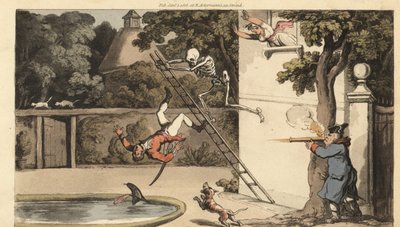 La muerte esqueleto empuja una escalera matando a un pretendiente galante mientras intenta fugarse con una belleza. El padre de la chica dispara un mosquete al hombre que cae. Grabado en cobre coloreado a mano por Thomas Rowlandson de The English Dance of  de Thomas Rowlandson