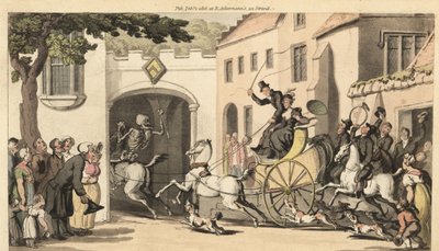 El esqueleto de la Muerte cabalga delante de un tándem alto llevando al próximo heredero a su destino bajo un arco bajo. Grabado en cobre coloreado a mano dibujado y grabado por Thomas Rowlandson de The English Dance of Death, Ackermann, Londres de Thomas Rowlandson