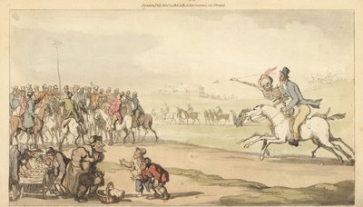 El esqueleto de la Muerte cabalga con un hombre hacia el poste de apuestas en una pista de carreras, mientras los niños juegan a la lotería. Grabado en cobre coloreado a mano dibujado y grabado por Thomas Rowlandson de The English Dance of Death, Ackermann de Thomas Rowlandson