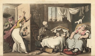 El esqueleto de la Muerte mece la cuna de un bebé mientras la niñera duerme y la madre angustiada llega a casa. Grabado en cobre coloreado a mano dibujado y grabado por Thomas Rowlandson de The English Dance of Death, Ackermann, Londres de Thomas Rowlandson
