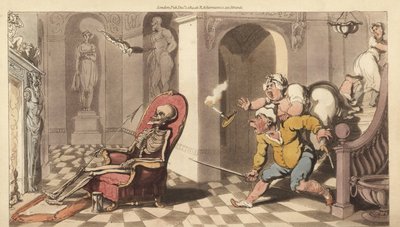 El esqueleto de la Muerte se sienta en la silla del portero de una gran casa, mientras los sirvientes aterrorizados bajan las escaleras para investigar. Grabado en cobre coloreado a mano dibujado y grabado por Thomas Rowlandson de The English Dance of Deat de Thomas Rowlandson