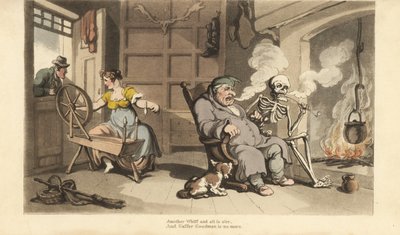 El esqueleto de la Muerte fuma una pipa junto al fuego con el viejo Gaffer Goodman, mientras su joven esposa es seducida por un pretendiente en la ventana. Grabado en cobre coloreado a mano dibujado y grabado por Thomas Rowlandson de The English Dance of D de Thomas Rowlandson