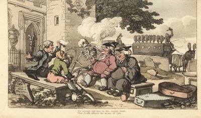 El esqueleto de la Muerte fuma una pipa sobre una lápida con hombres que viven de la muerte - sacerdote, sepulturero, empresario de pompas fúnebres, campanero, conductor de carroza fúnebre y abogado. The Churchyard Debate. Grabado en cobre coloreado a mano de Thomas Rowlandson
