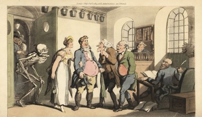 La muerte sorprende a Ned Freeman mientras visita la oficina de seguros, dejando a su viuda con una gran suma. Grabado en cobre coloreado a mano dibujado y grabado por Thomas Rowlandson de The English Dance of Death de Thomas Rowlandson