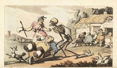 El esqueleto de la Muerte se lleva al borracho en una carretilla, mientras otros borrachos se divierten frente al pub The Goat. Grabado en cobre coloreado a mano dibujado y grabado por Thomas Rowlandson de The English Dance of Death, Ackermann, Londres de Thomas Rowlandson