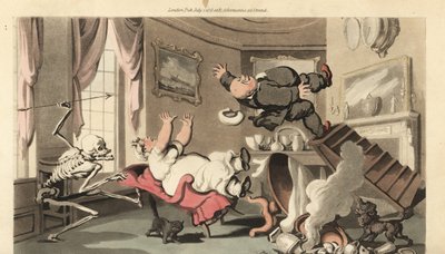 La muerte lanza su dardo a un hombre mientras cae de una escalera (grabado de Thomas Rowlandson) de Thomas Rowlandson