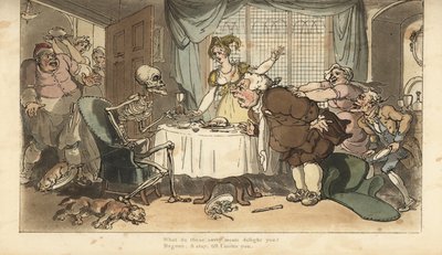 El esqueleto de la Muerte con dardo y reloj de arena viene por el glotón mientras festeja en la cena. Grabado en cobre coloreado a mano dibujado y grabado por Thomas Rowlandson de The English Dance of Death, Ackermann, Londres de Thomas Rowlandson