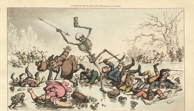 El esqueleto de la Muerte con dardo y reloj de arena patinando en un estanque congelado mientras otros patinadores caen a través del hielo roto. Grabado en cobre coloreado a mano dibujado y grabado por Thomas Rowlandson de The English Dance of Death, Acker de Thomas Rowlandson