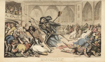 El esqueleto de la Muerte con su dardo causa un alboroto entre los arlequines, jinetes, monjas, turcos y tontos en un baile de máscaras. Grabado en cobre coloreado a mano dibujado y grabado por Thomas Rowlandson del libro The English Dance of Death, Ackerm de Thomas Rowlandson