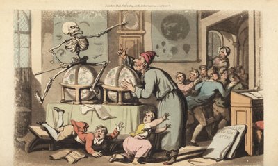 El esqueleto de la Muerte con su dardo viene por un maestro de escuela mientras enseña astronomía a una clase de niños que huyen aterrorizados. Grabado en cobre coloreado a mano dibujado y grabado por Thomas Rowlandson del libro The English Dance of Death, de Thomas Rowlandson