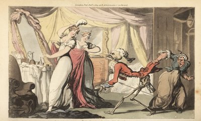 El esqueleto de la Muerte con su reloj de arena viene por una bella coqueta en su dormitorio mientras se viste para un baile por sus sirvientes. Grabado en cobre coloreado a mano dibujado y grabado por Thomas Rowlandson de The English Dance of Death, Acker de Thomas Rowlandson