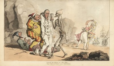La muerte con reloj de arena y dardo viene por un Pierrot y otros payasos (grabado de Thomas Rowlandson) de Thomas Rowlandson