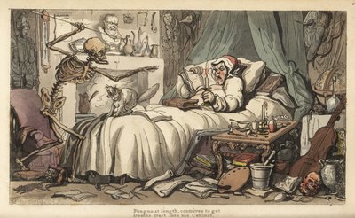 La muerte con el acumulador de antigüedades en un dormitorio lleno de instrumentos musicales, libros, manuscritos, armaduras, un globo, un busto, ratas, etc. (grabado de Thomas Rowlandson) de Thomas Rowlandson