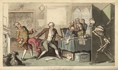 El estadista en su oficina es sorprendido por la figura esquelética de la Muerte con su corona y dardo emergiendo detrás de una pantalla. Grabado en cobre coloreado a mano dibujado y grabado por Thomas Rowlandson de The English Dance of Death, Ackermann, L de Thomas Rowlandson