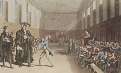 El preceptor severo, con su amenazante gesto, llama a la sabia corrección de la vara, de A Compendious Treatise on Modern Education de Thomas Rowlandson