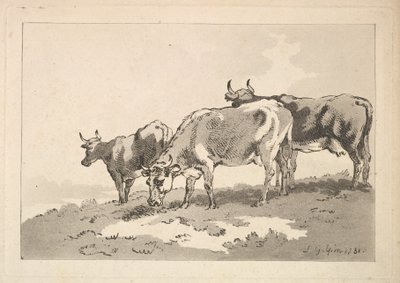 Tres vacas de pie en la cresta de un campo, 1784-87 de Thomas Rowlandson