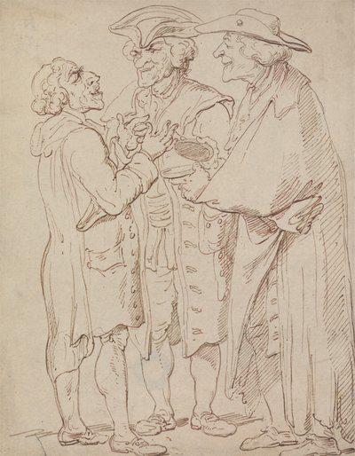 Tres figuras de cuerpo entero de hombres hablando de Thomas Rowlandson