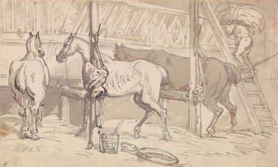 Tres caballos en los establos de Thomas Rowlandson