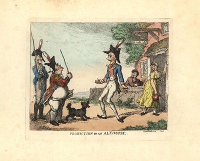 Tres soldados en uniforme desfilando fuera de una taberna de Thomas Rowlandson