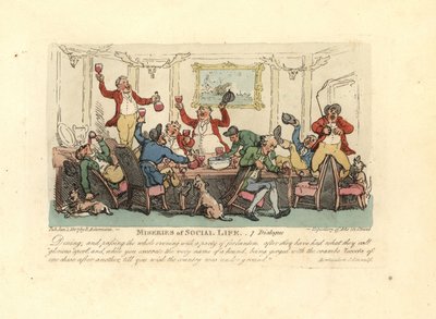 Hombre cansado y borracho en una cena ruidosa con cazadores de zorros de Thomas Rowlandson