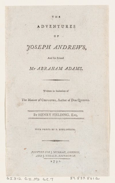 Página de título: Las aventuras de Joseph Andrews y su amigo el Sr. Abraham Adams, 1792 de Thomas Rowlandson