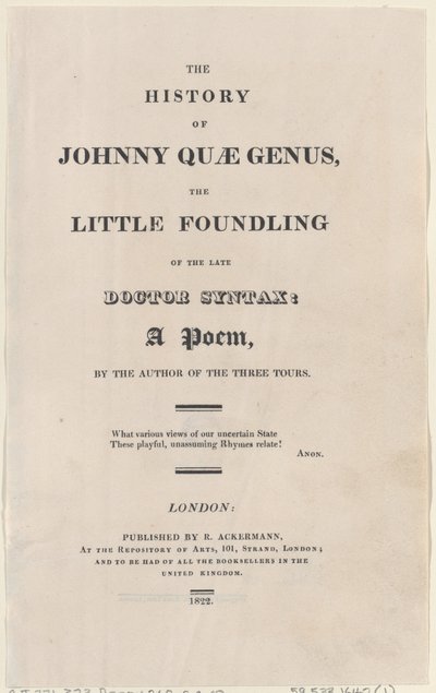 Página del título, de La historia de Johnny Quae Genus, el pequeño expósito del difunto doctor de Thomas Rowlandson