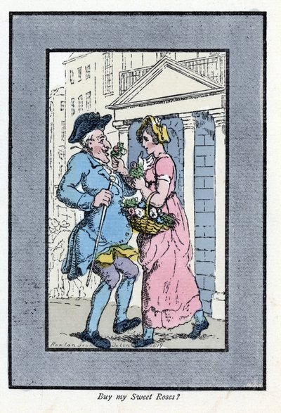 Vendedor de flores ambulante, acercándose a un caballero sonriente con un pequeño ramo de rosas (1819). Grabado en madera, basado en una pintura de Thomas Rowlandson, publicado en The Cris of London de Thomas Rowlandson