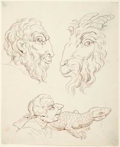 Dos caricaturas: un hombre y una cabra, un hombre y un lagarto de Thomas Rowlandson