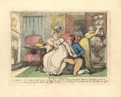 Dos amantes en un salón perturbados por sirvientas entrometidas de Thomas Rowlandson
