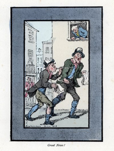 Dos vendedores de periódicos con largos silbatos vendiendo periódicos en una calle de Londres de Thomas Rowlandson