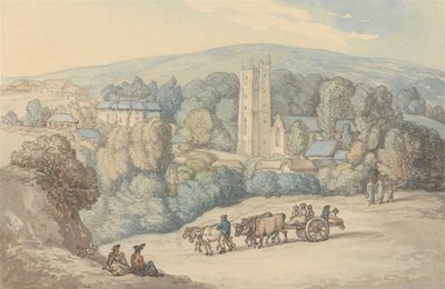 Vista de la iglesia y el pueblo de St. Cue, Cornualles de Thomas Rowlandson