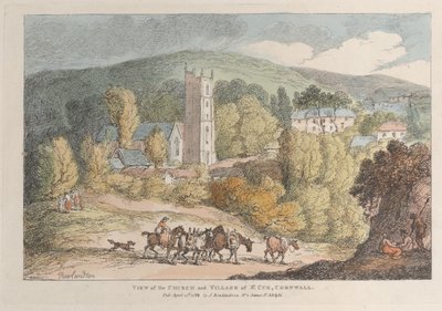 Vista de la iglesia y el pueblo de St. Cue, Cornualles, de Vistas en Cornualles de Thomas Rowlandson