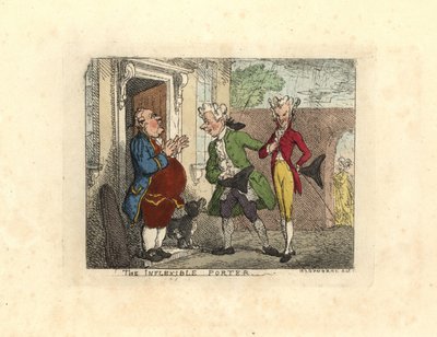 Caballeros visitantes rechazados en la entrada de una casa por un sirviente de Thomas Rowlandson