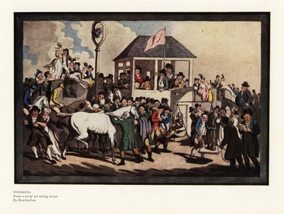 Pesando a un jockey en una balanza en una pista de carreras de Thomas Rowlandson