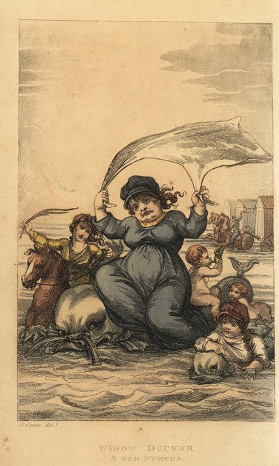 Viuda Ducker y sus ninfas. Mujer y niños bañándose en el mar con delfines y máquinas de baño. Grabado en cobre coloreado a mano por Thomas Rowlandson a partir de un boceto de J. Green de Poetical Sketches of Scarborough, Ackermann, Londres de Thomas Rowlandson