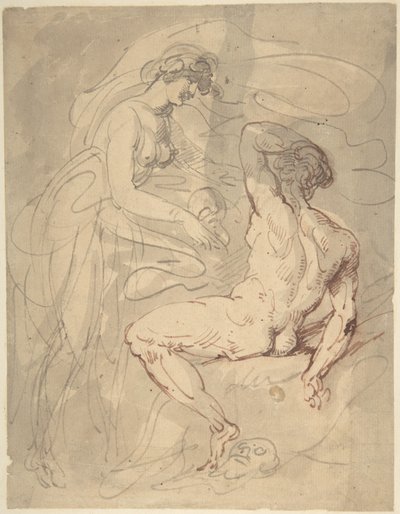 Mujer hablando con un hombre desnudo sentado de Thomas Rowlandson