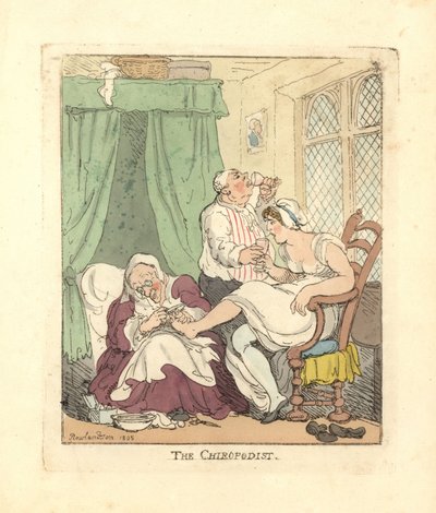 Mujer recibiendo un tratamiento doloroso en los pies por un quiropodista de Thomas Rowlandson