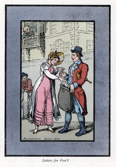 Mujer pagando y poniendo una carta en una bolsa llevada por un empleado de la Oficina de Correos Real Británica. Grabado en madera, basado en una pintura de Thomas Rowlandson (1756-1827), publicado en The Cries of London: con seis encantadores niños y casi de Thomas Rowlandson