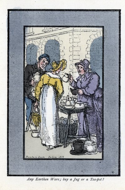 Mujer vendiendo jarras, teteras y cuencos en una esquina. Una joven elegante mira los productos. Grabado en madera, basado en una pintura de Thomas Rowlandson (1756-1827), publicado en The Cris of London: con seis encantadores niños y casi 40 ilustraciones de Thomas Rowlandson
