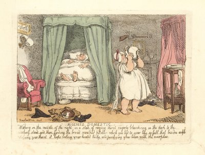 Mujer derramando una jarra de agua sobre sí misma durante la noche de Thomas Rowlandson