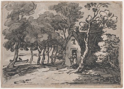 Escena boscosa con figuras en la puerta de una cabaña, 1783-88 de Thomas Rowlandson