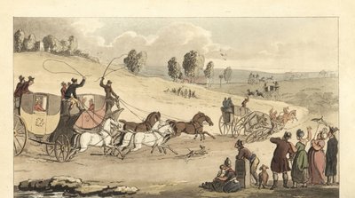 Jóvenes caballeros ingleses corriendo carruajes de cuatro caballos en una carretera de Thomas Rowlandson